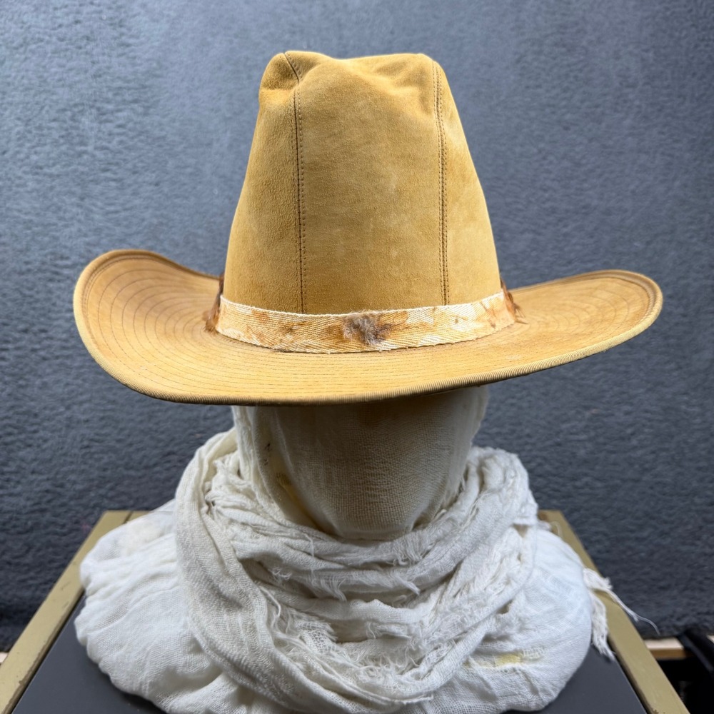 WOLVERINE Western Suede Cowboy Hat Feather Band Tan Size 7 1/2‎